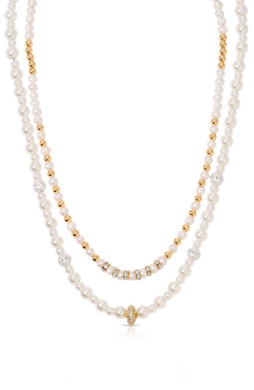 Set of 2 Freshwater Pearl & Crystal Beaded Necklaces in Gold