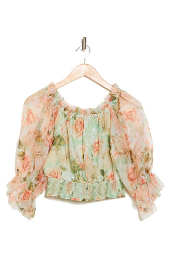 Alice And Olivia Caprina Off The Shoulder Bubble Sleeve Silk Crop Top In Morningside Floral Pistachio
