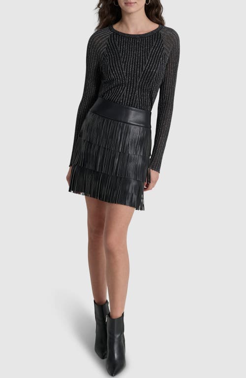 Shop Dkny Tiered Fringe Faux Leather Miniskirt In Black