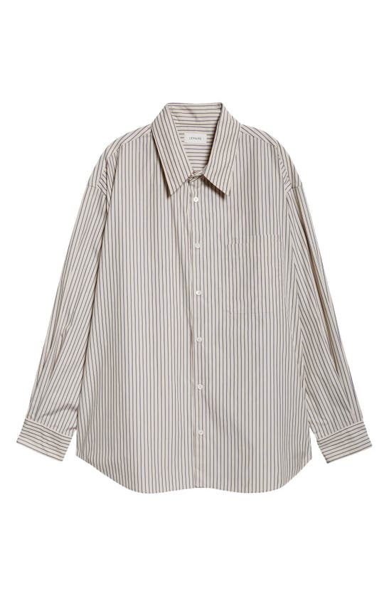 Shop Lemaire The Double Pocket Relaxed Fit Stripe Button-up Shirt In Mastic / Navy / White Mu009