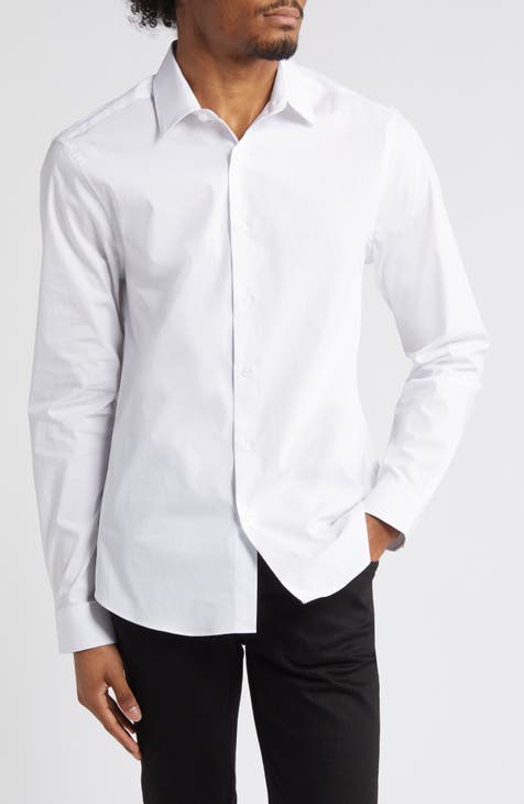 Solid White Stretch Button-Up Shirt