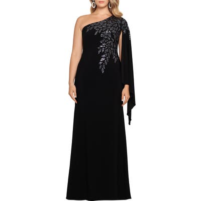 Plus Size Xscape One Shoulder Cape Sleeve Sequin Detail Crepe Gown, Black