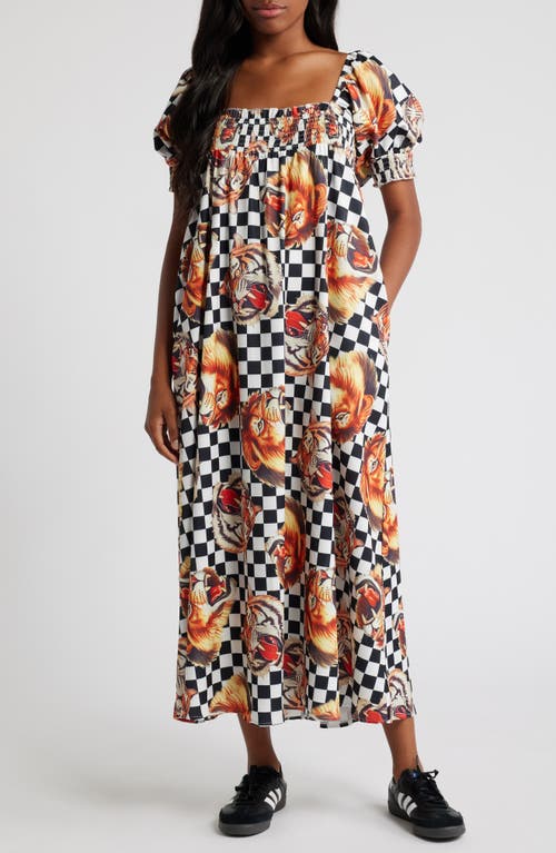 Dressed in Lala Palm Springs Lion Print Smocked Maxi Dress in Black And White Check 