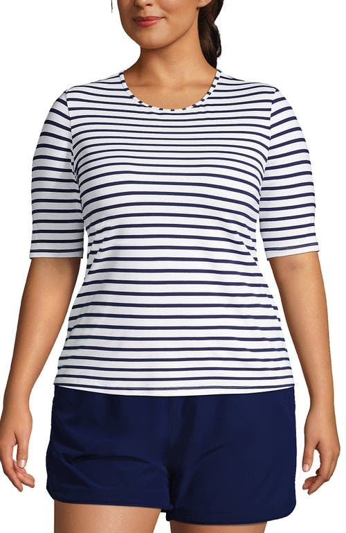 Shop Lands' End Plus Size Crew Neck Rash Guard Upf 50 Swim Tee In White/deep Sea Stripe