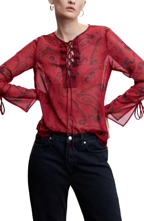 MANGO Paisley Lace-Up Blouse in Red