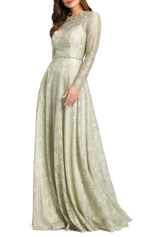 Mac Duggal Embellished Floral Long Sleeve Lace Gown Sage at Nordstrom,