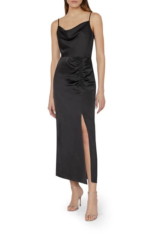 Milly Lilliana Ruched Satin Midi Slipdress in Black at Nordstrom, Size 6
