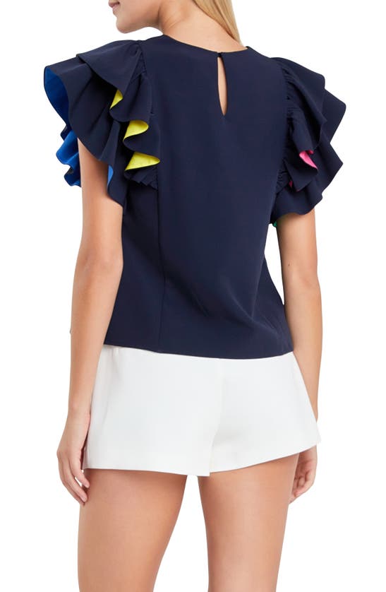 Shop English Factory Multicolor Lined Ruffle Sleeve Top In Navy Multi