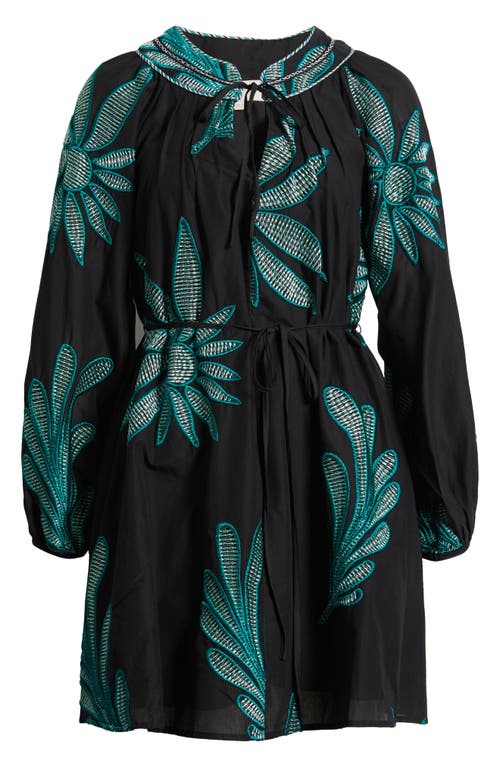 Shop Ciebon Viena Embroidered Long Sleeve Cotton Minidress In Black/green