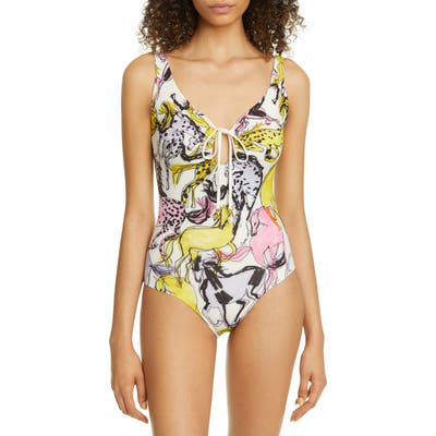 Stella Mccartney Horse Print Keyhole One-Piece Swimsuit, Beige