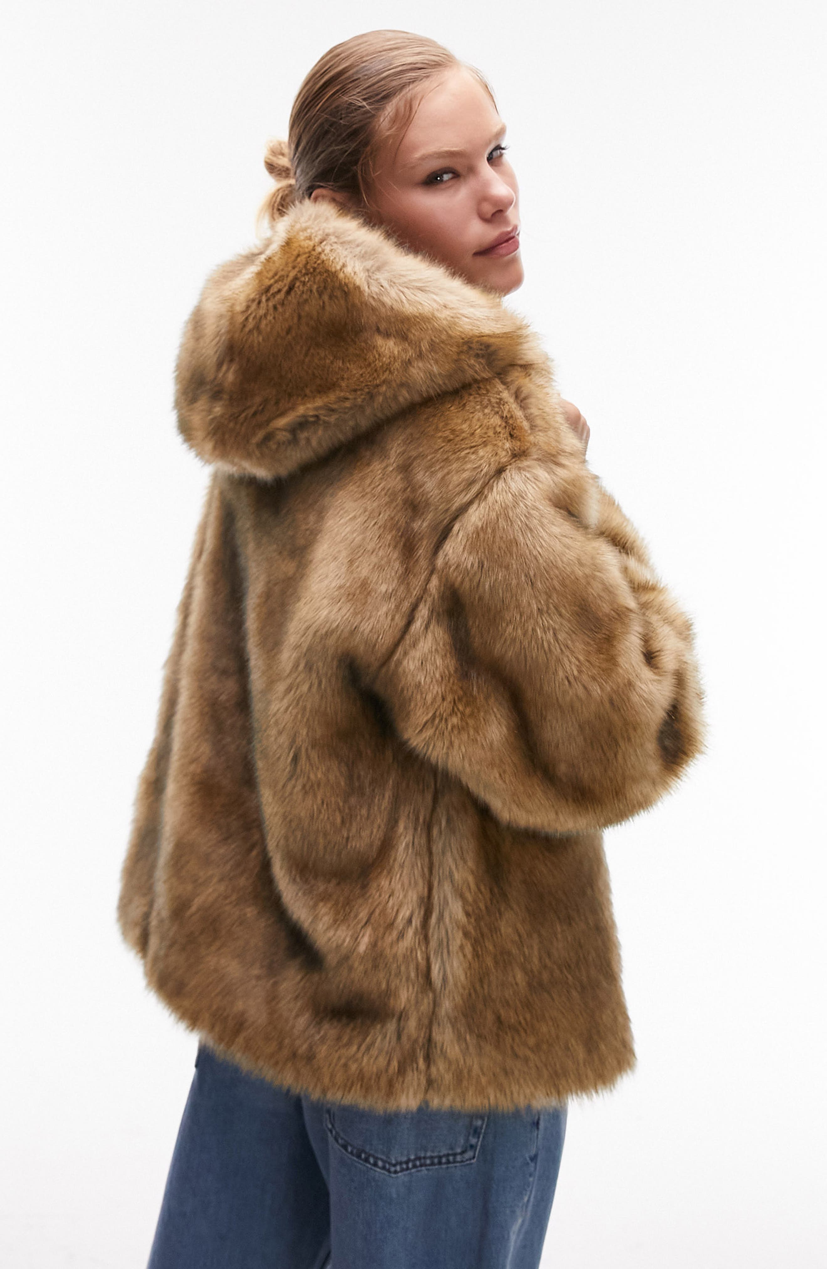 Topshop Hooded Faux Fur Coat in Beige | Smart Closet