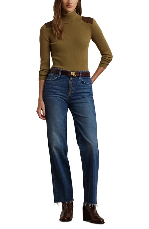 Shop Lauren Ralph Lauren Embellished Rib Cotton Blend Turtleneck Top In Honey Tan