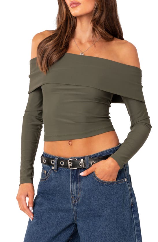 Edikted Brea Foldover Off The Shoulder Long Sleeve Crop Top In Olive ...