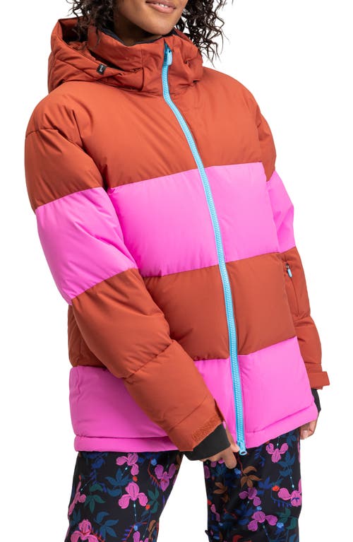 Roxy x Rowley Colorblock Hooded Puffer Jacket in Burnt Henna at Nordstrom, Size Small