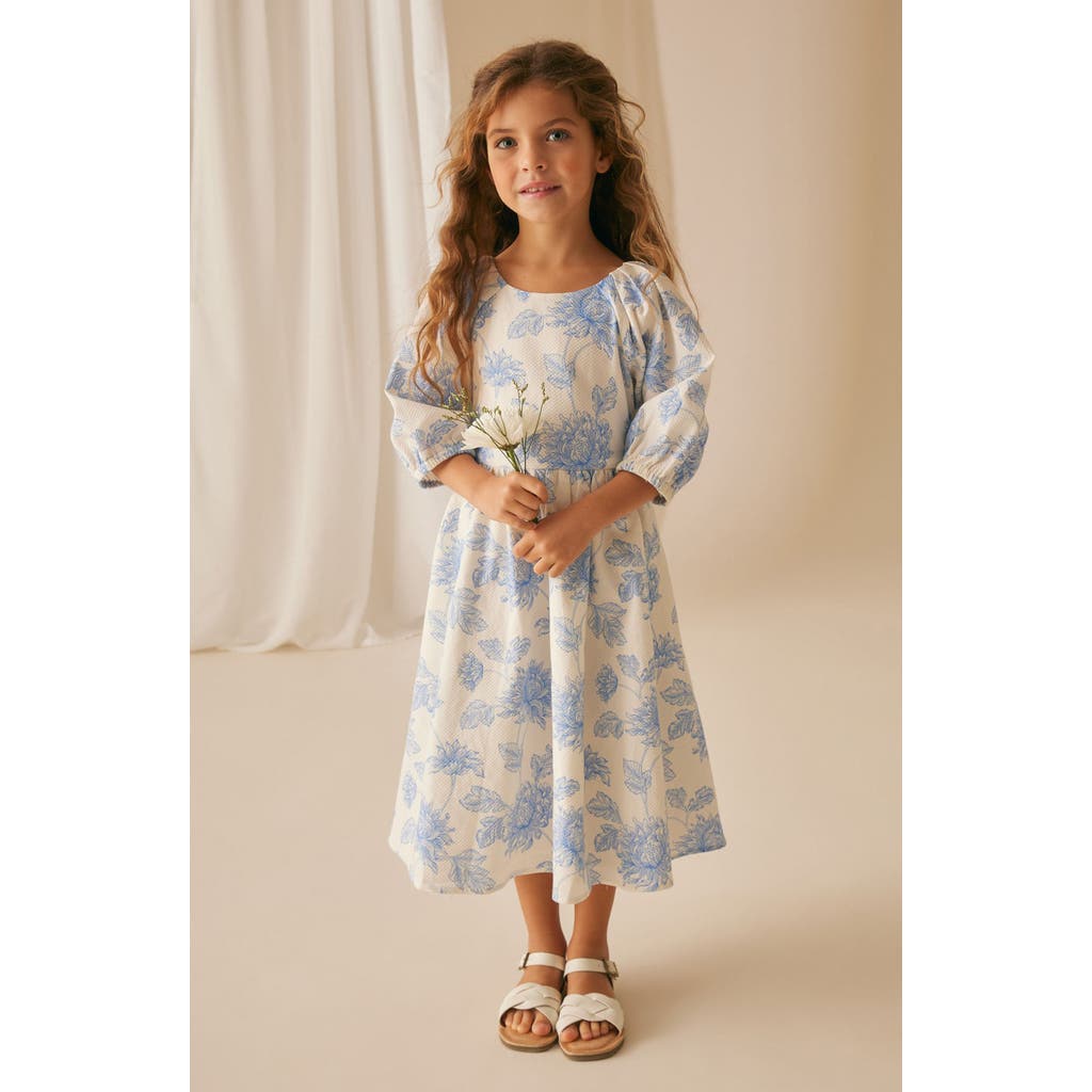 Laura Ashley Kids' Floral Cotton Dobby Dress In Ivory/blue Floral