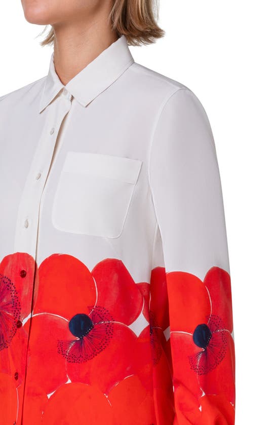 Shop Akris Poppy Print Silk Button-up Shirt In Poppy-greige