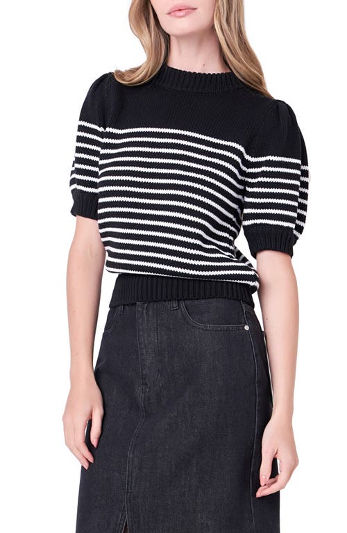 Shop English Factory Stripe Short Puff Sleeve Sweater In Black/white