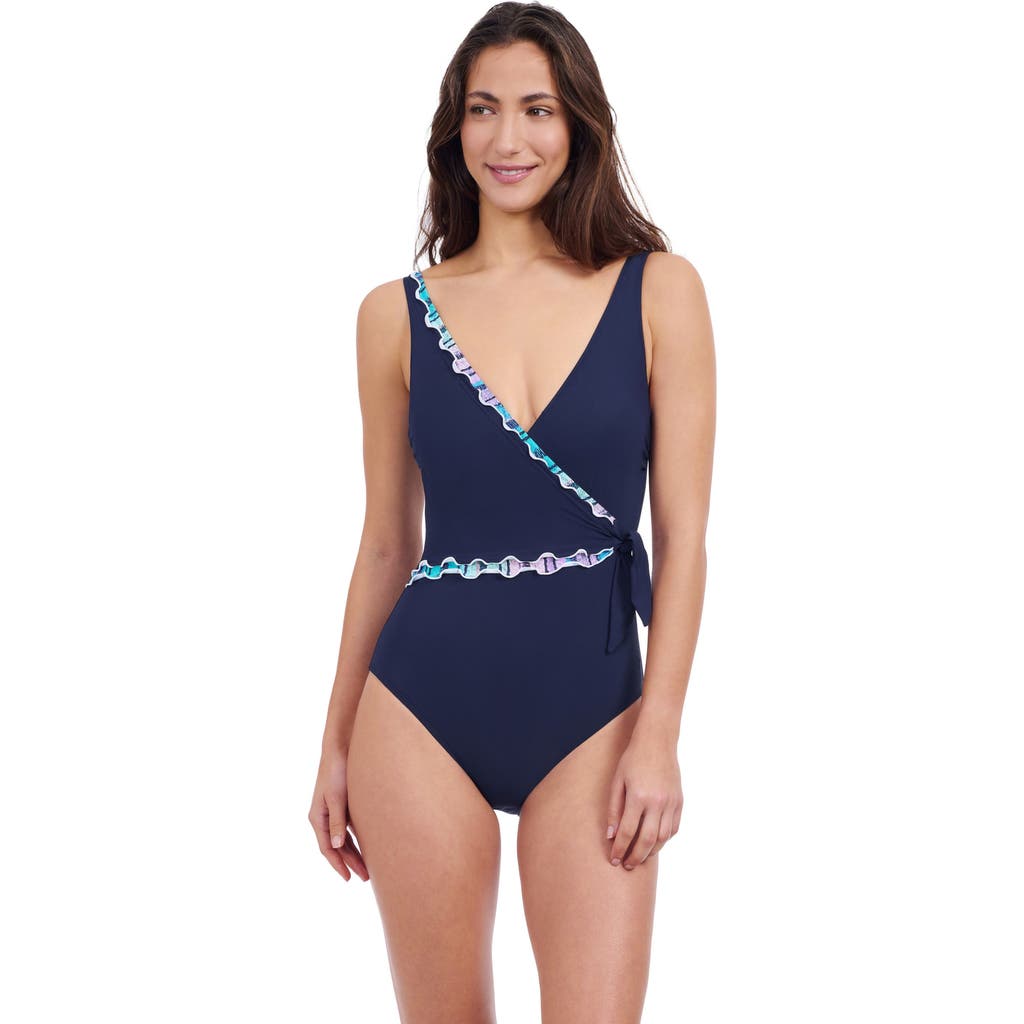 Profile By Gottex V Neck Tie Waist One Piece Swimsuit In Navy
