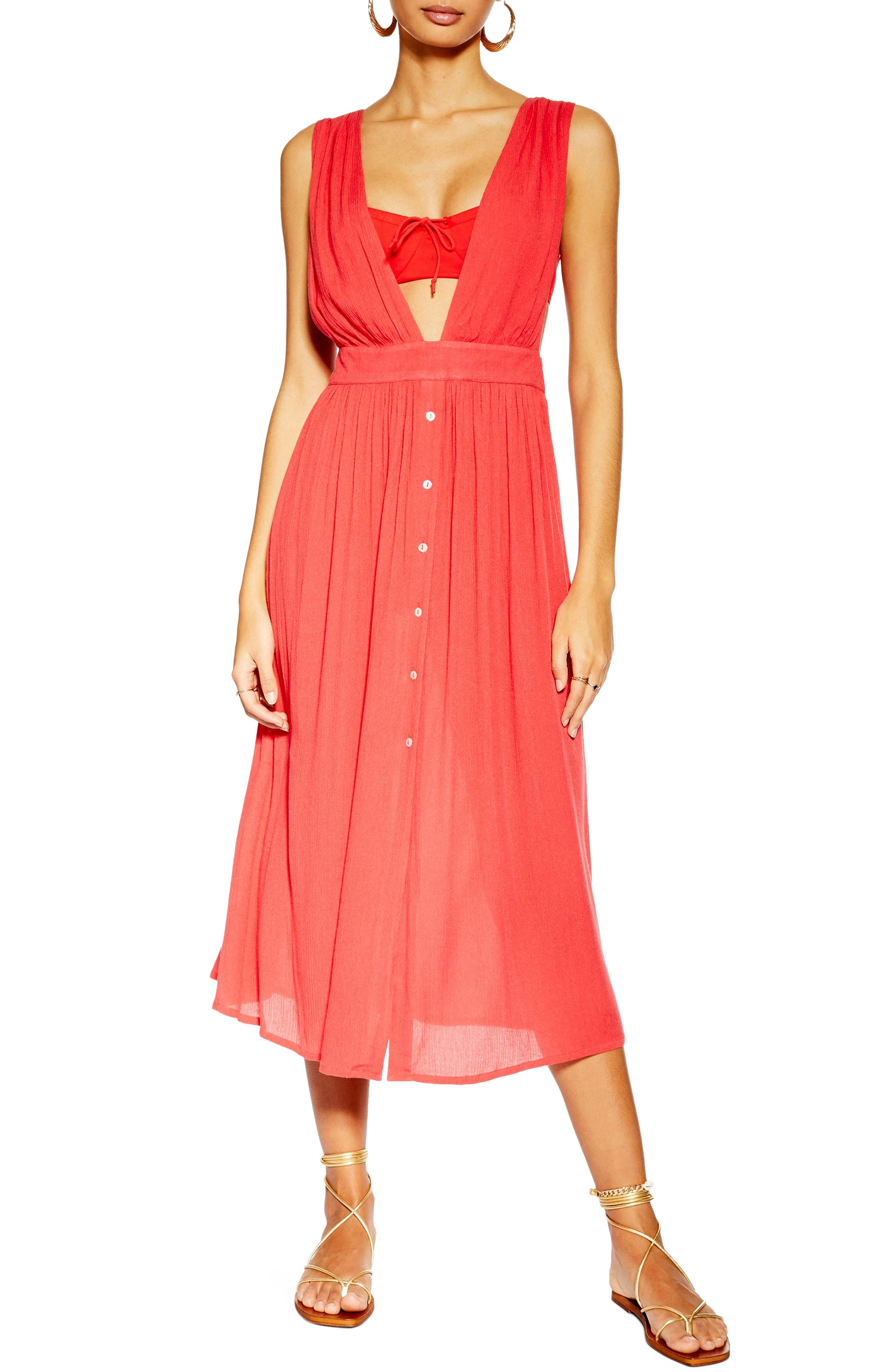 Topshop Button Cover-Up Midi Dress, Red