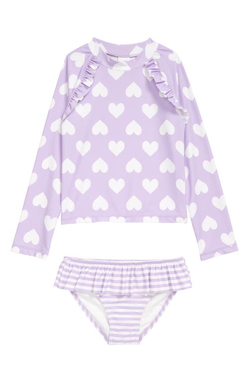 Tucker + Tate Kids' Ruffle Two-Piece Rashguard Swimsuit Set in Purple Betta Hearts- Stripes