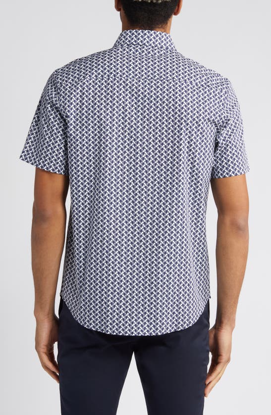 Shop Bugatchi Orson Seahorse Print Short Sleeve Stretch Cotton Button-up Shirt In Navy