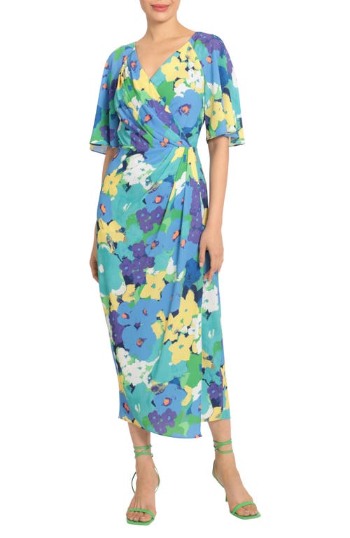 Maggy London Floral Faux Wrap Midi Dress in Soft White/Periwinkle 