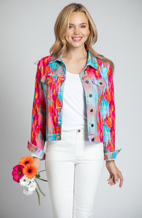 Shop Apny Watercolor Print Denim Jacket In Pink Multi