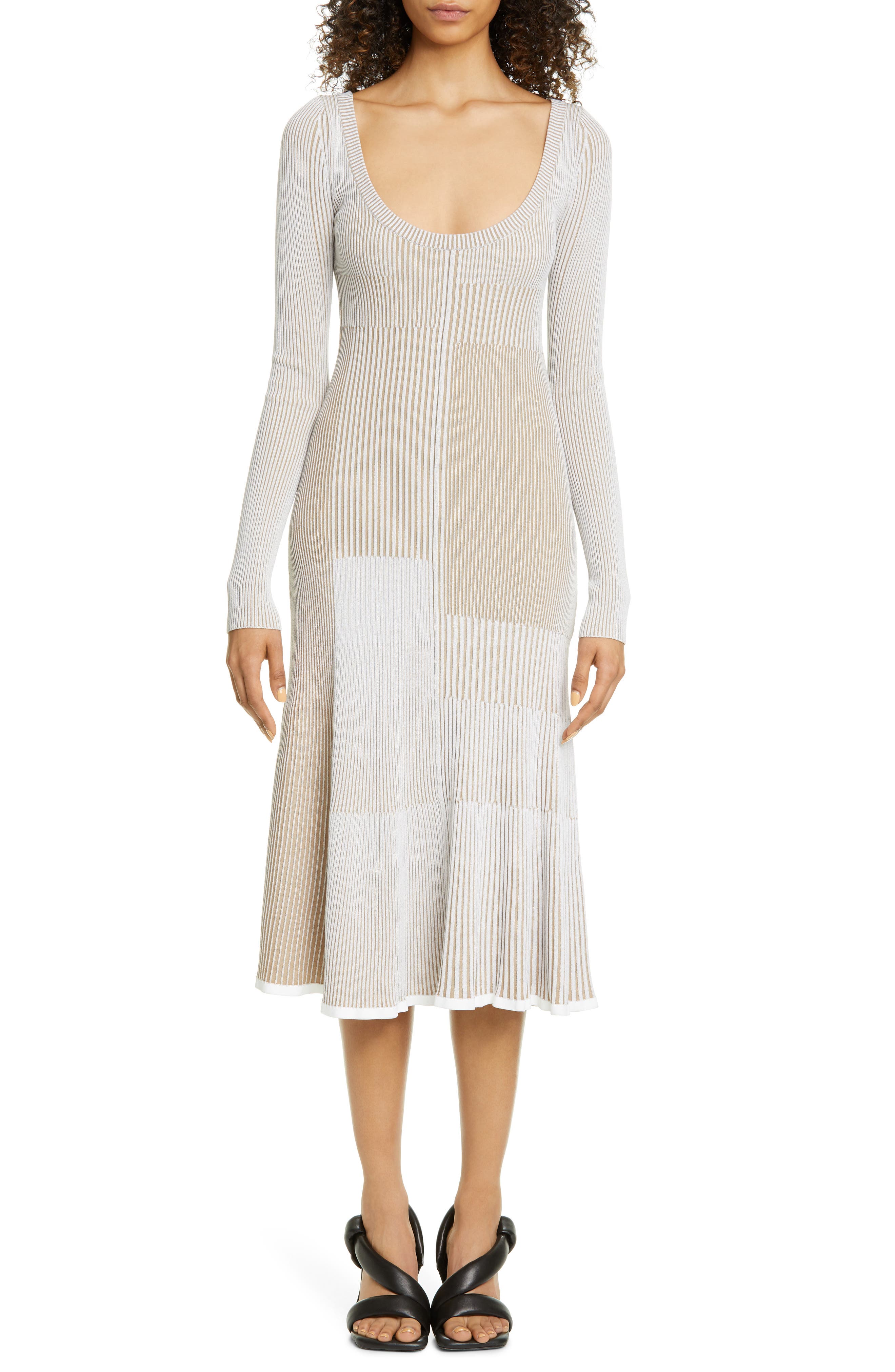 Proenza Schouler Rib Patchwork Knit Long Sleeve Dress In White/ Khaki