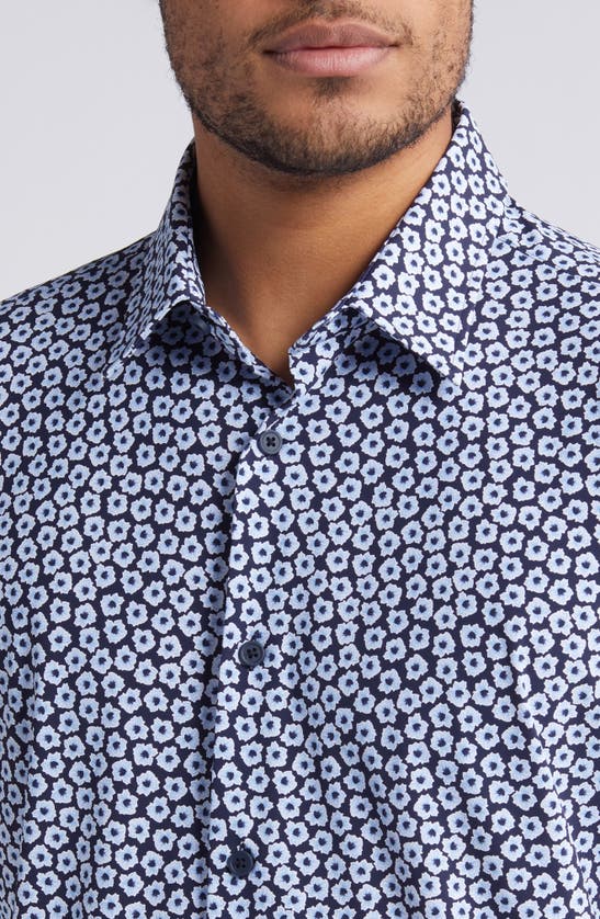 Shop Hugo Boss Boss Roan Floral Short Sleeve Stretch Button-up Shirt In Navy