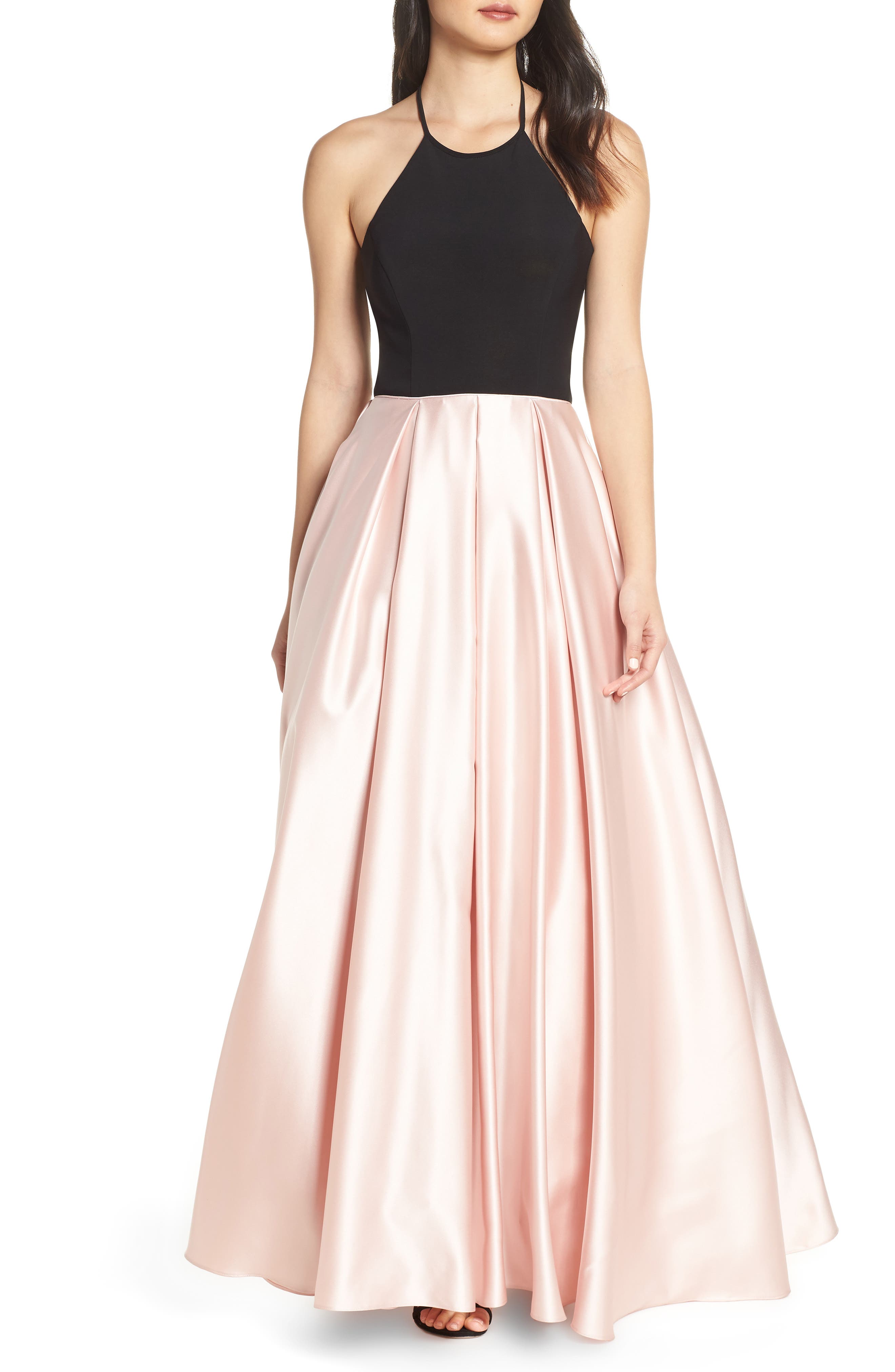 Blondie Nites Halter Satin Evening Gown, Beige