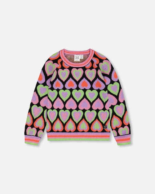 Shop Deux Par Deux Little Girl's Jacquard Hearts Sweater Multicolor In Hearts Jacquard