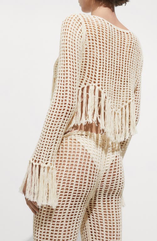 Mango Openwork Crop Fringe Sweater In Ecru