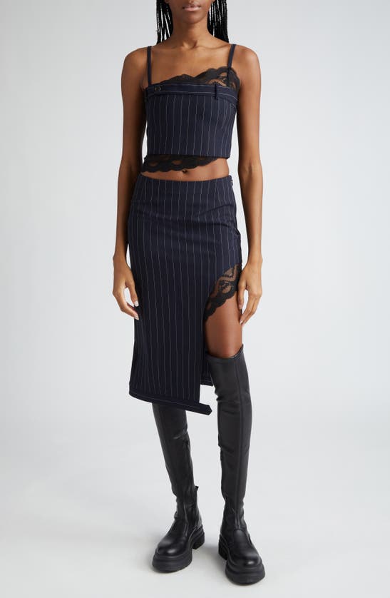 Shop Monse Deconstructed Pinstripe Lace Trim Wool Blend Crop Top In Midnight