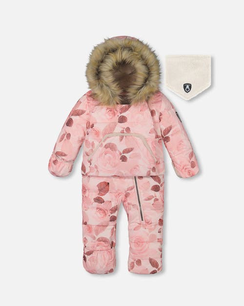 Shop Deux Par Deux Baby Girl's One Piece Baby Hooded Snowsuit Printed Roses Designed For Car Seat In Printed Tonal Roses