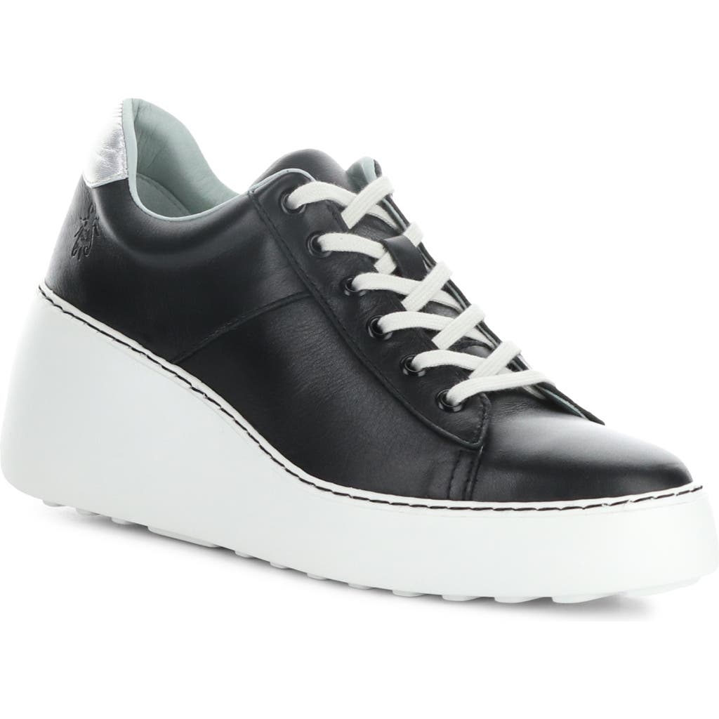 Fly London Delf Platform Wedge Sneaker In 014 Black/silver Vel