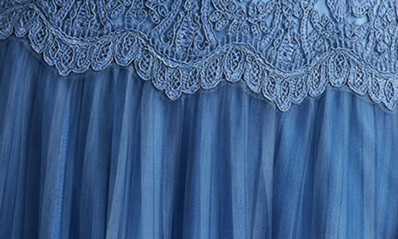 Shop Tadashi Shoji Mixed Media Lace & Tulle Cocktail Midi Dress In Blue Stone