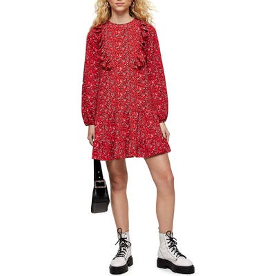 Topshop Ruffle Chuck On Long Sleeve Minidress, US (fits like 0) - Red