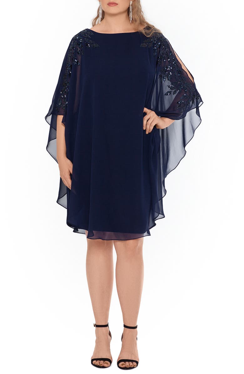 Xscape Chiffon Overlay Beaded Sleeve Cocktail Dress (Plus Size) | Nordstrom