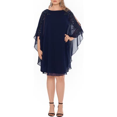 Plus Size Xscape Chiffon Overlay Beaded Sleeve Cocktail Dress, Blue