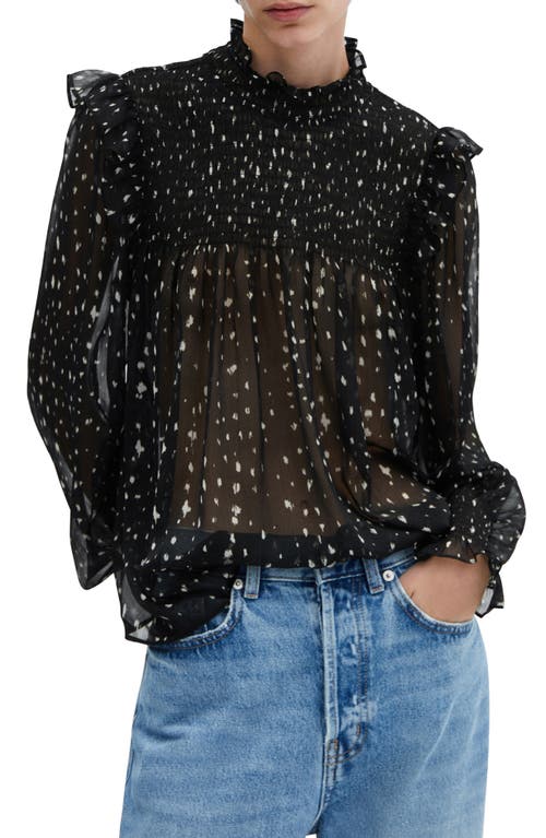 MANGO Dot Print Ruffle Long Sleeve Top Black at Nordstrom,