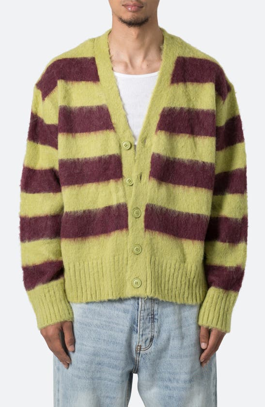 Shop Mnml Striped Faux Mohair Cardigan In Green/ Brown