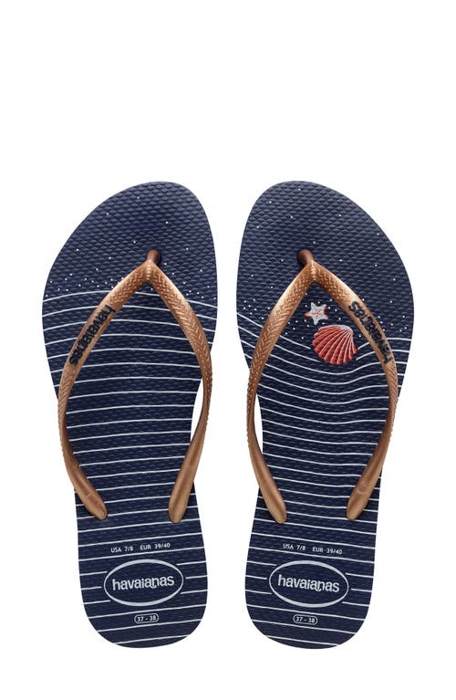 Havaianas Slim Nautical Flip Flop in Navy/Rose Gold/Navy at Nordstrom, Size 11