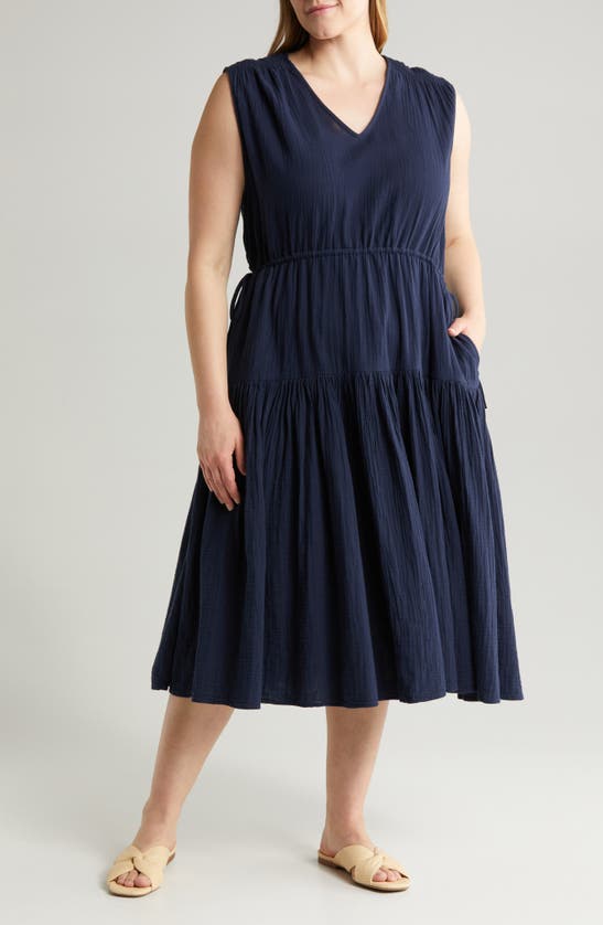 Shop Caslon (r) Tiered Cotton Midi Dress In Navy Blazer