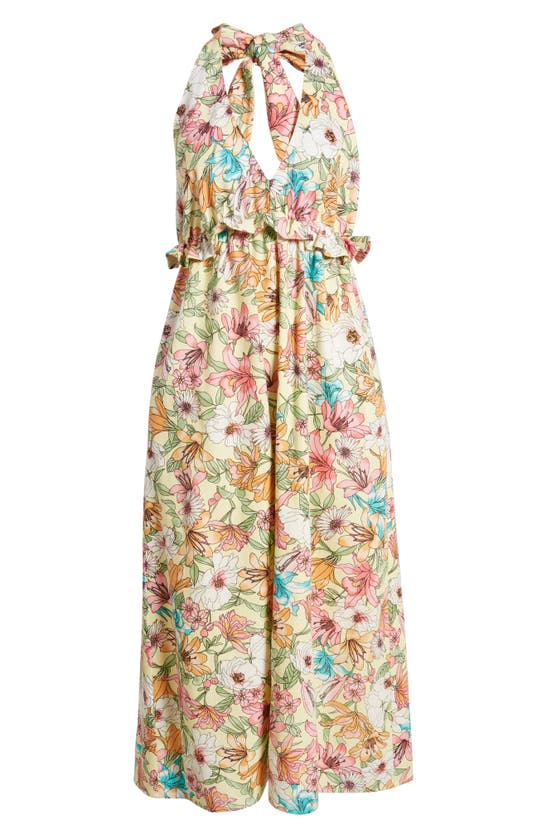 Shop Charles Henry Floral Halter Linen Blend Midi Dress In Yellow Lily
