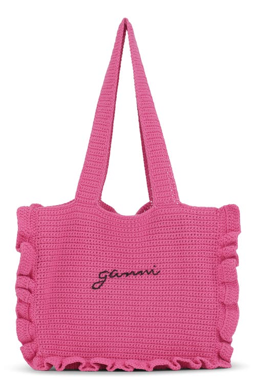 Ganni Organic Cotton Crochet Frill Tote Bag in Shocking Pink