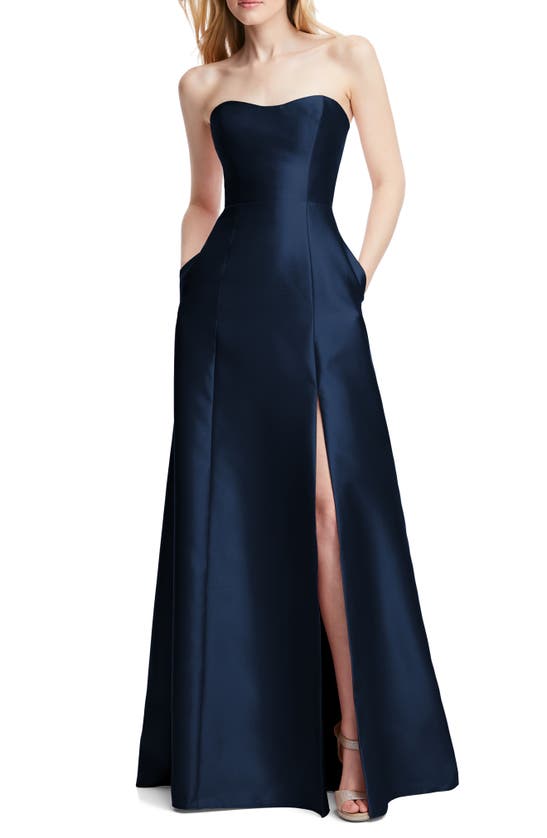 Alfred Sung Strapless Satin A-line Gown In Midnight