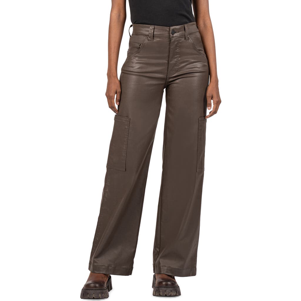 KUT from the Kloth Jodi Fab Ab Coated High Waist Wide Leg Cargo Jeans in Seal Brown