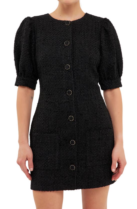 Endless Rose Puff Sleeve Tweed Button-up Minidress In Black