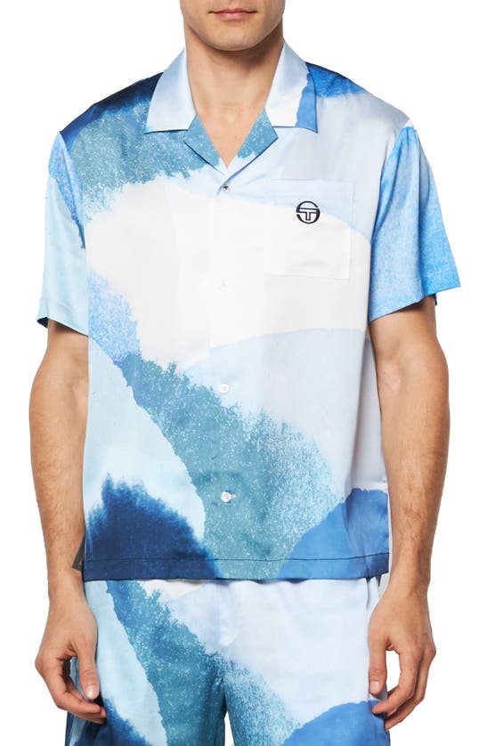 Shop Sergio Tacchini Spiagga Cabana Crêpe De Chine Satin Camp Shirt In Maritime Blue Multi