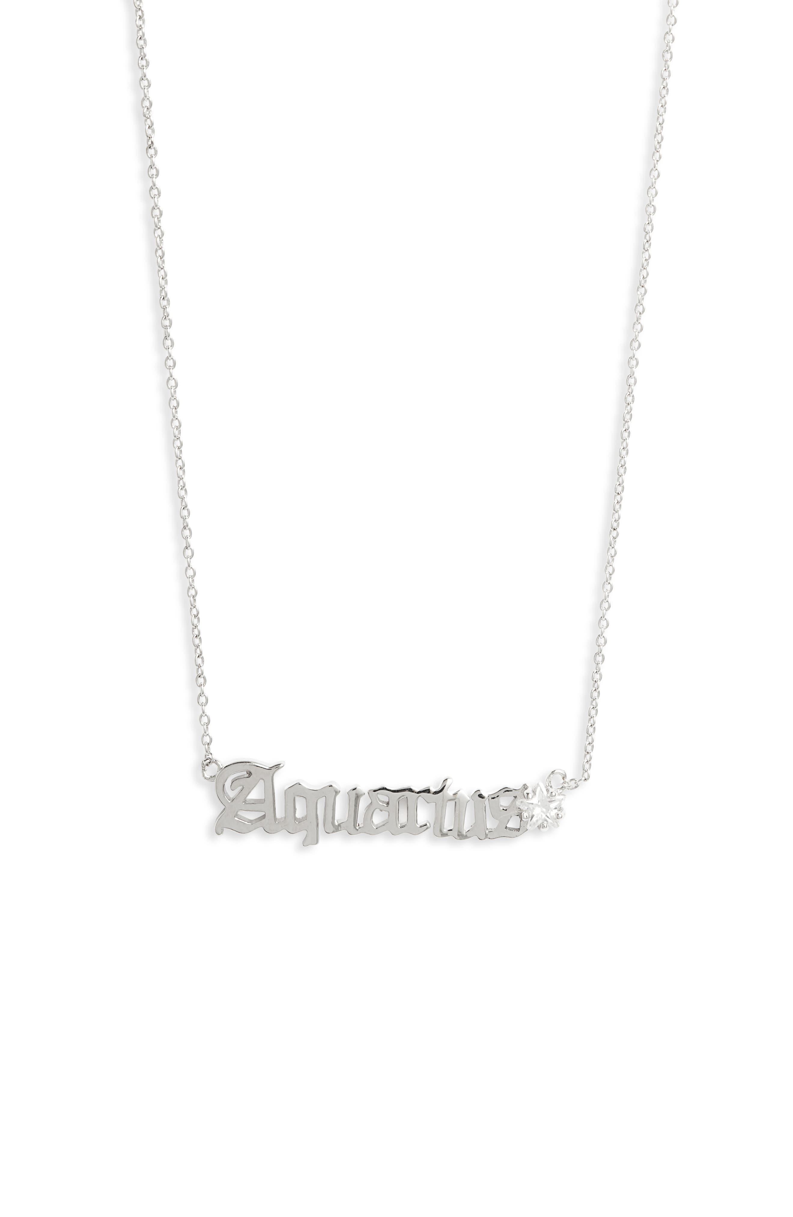 Melinda Maria Zodiac Script Pendant Necklace In Silver- Aquarius
